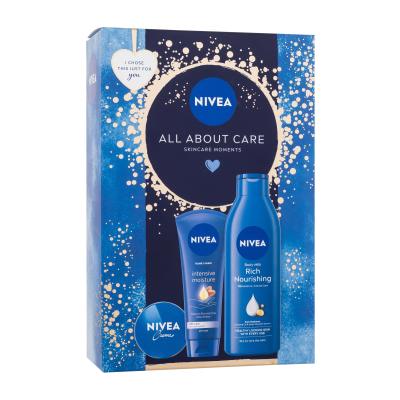 Nivea All About Care Geschenkset Universal-Creme 30 ml + Handcreme Intensive Moisture 100 ml + Körpermilch Rich Nourishing 250 ml