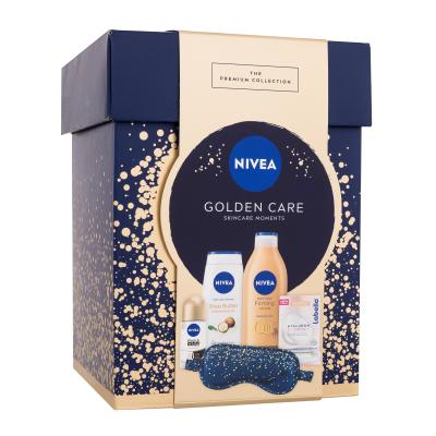 Nivea Golden Care Skincare Moments Geschenkset Körpermilch Q10 Firming Bronze 400 ml + Duschgel Shea Butter & Botanical Oil 250 ml + Antiperspirant Black & White Invisible Silky Smooth 50 ml + Lippenbalsam Labello Hyaluron Rosé 5,2 g + Satin-Schlafmaske