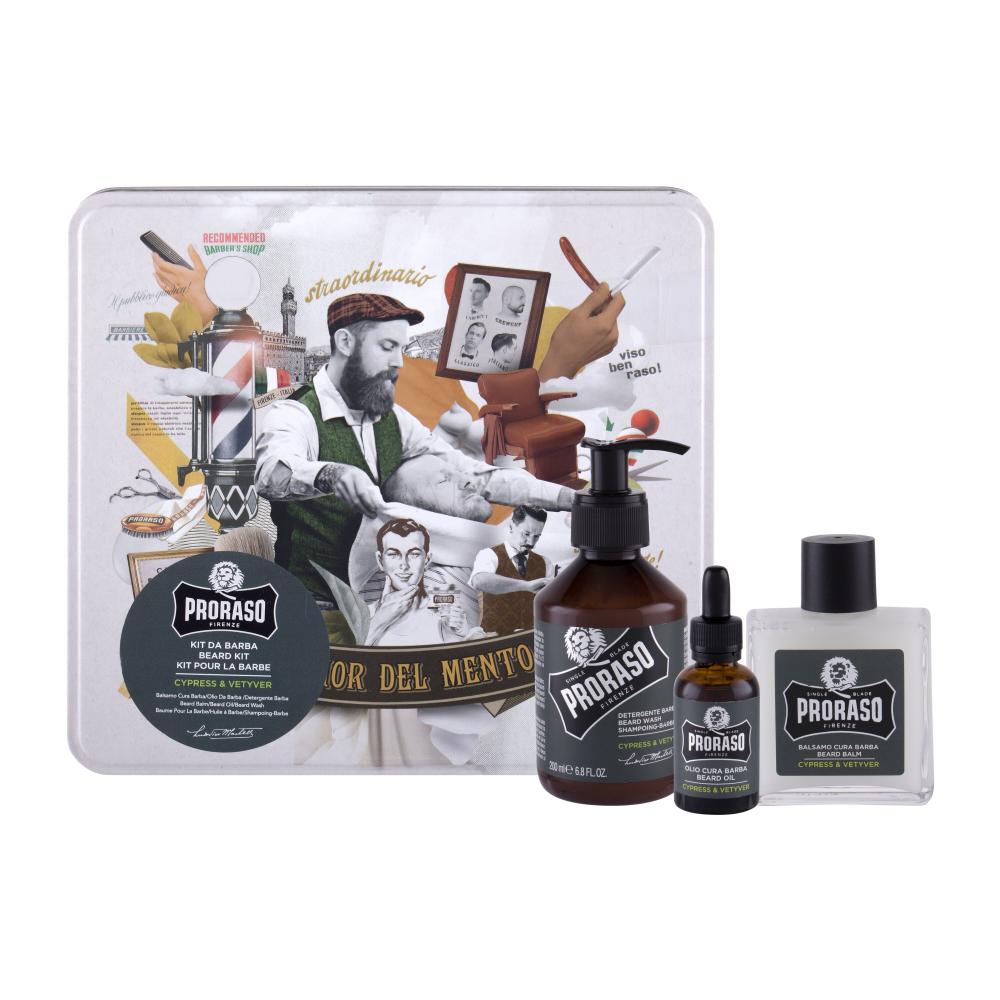PRORASO Cypress & Vetyver Beard Wash Geschenkset Bartshampoo 200 ml + Bartbalsam 100 ml + Bartöl 30 ml + Blechdose
