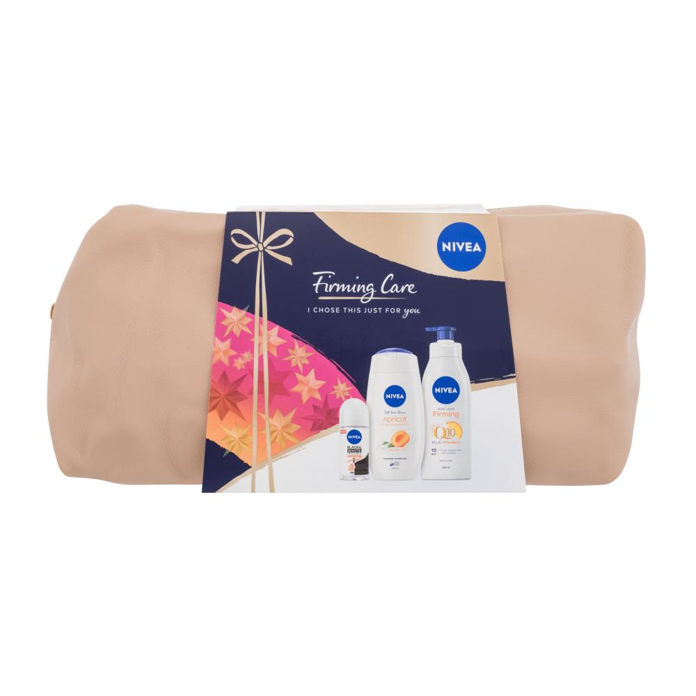 Nivea Q10 & Vitamin Care Geschenkset Körpermilch Firming Q10 + Vitamin C 400 ml + Duschgel Care Apricot & Apricot Seed Oil 250 ml + Antitranspirant roll-on Black & White Invisible Ultimate Impact 50 ml + Kosmetiktasche