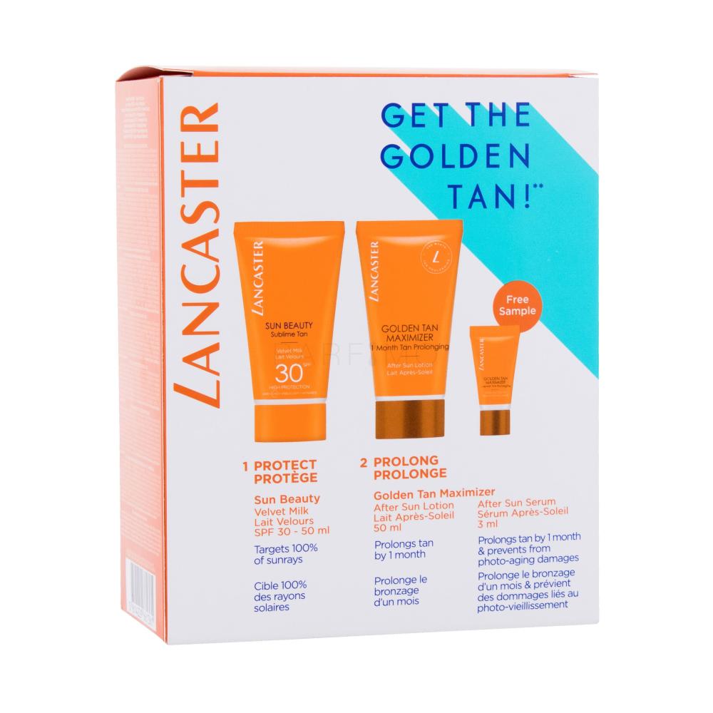 Lancaster Sun Beauty That Summer Feeling Geschenkset Set Sonnenmilch Sun Beauty Sublime Tan Velvet Milk SPF30 50 ml + Körpermilch zur Verlängerung der Bräune Golden Tan Maximizer After Sun Lotion 50 ml + Gesichtsserum zur Verlängerung der Bräune Golden Tan Maximizer After Sun Serum 3 ml