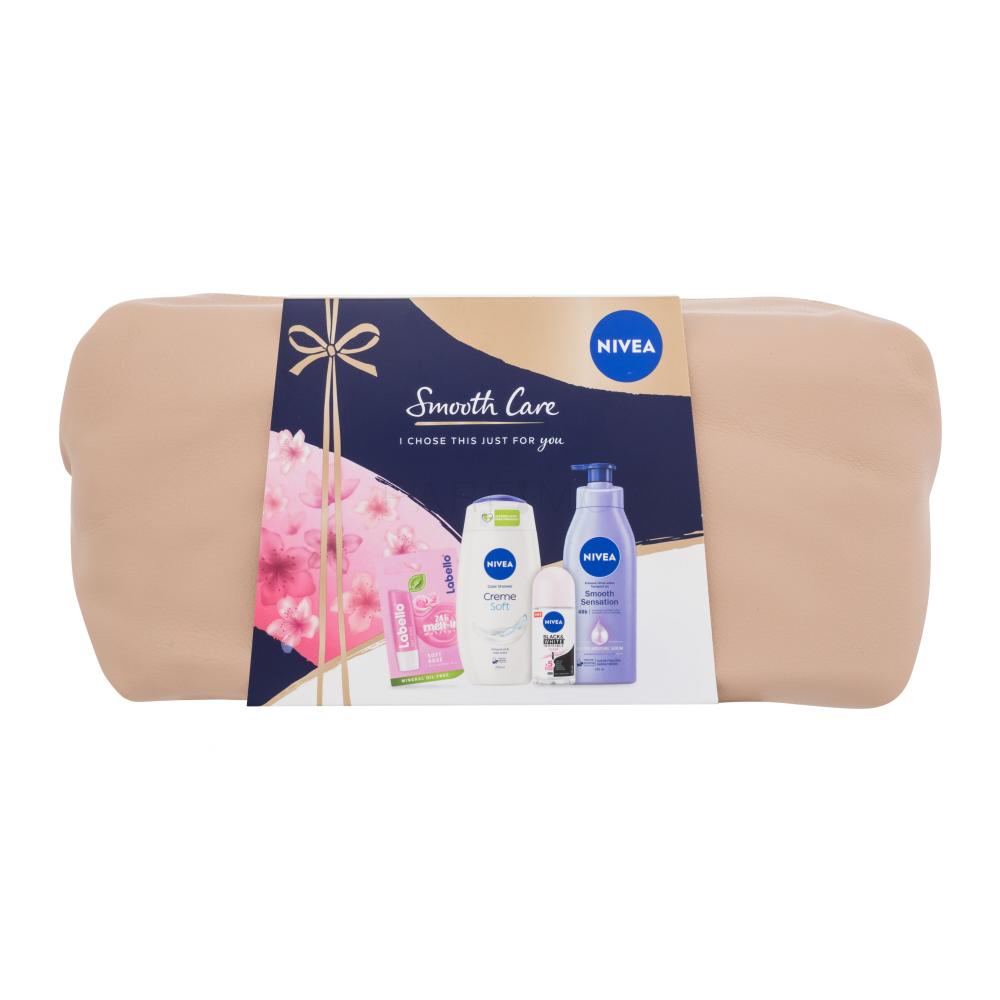 Nivea Smooth Care Geschenkset Körpermilch Smooth Sensation 400 ml + Duschgel Creme Soft 250 ml + Antiperspirant roll-on Black & White Invisible Clear 50 ml + Lippenbalsam Labello Soft Rosé 4,8 g + Kosmetiketui
