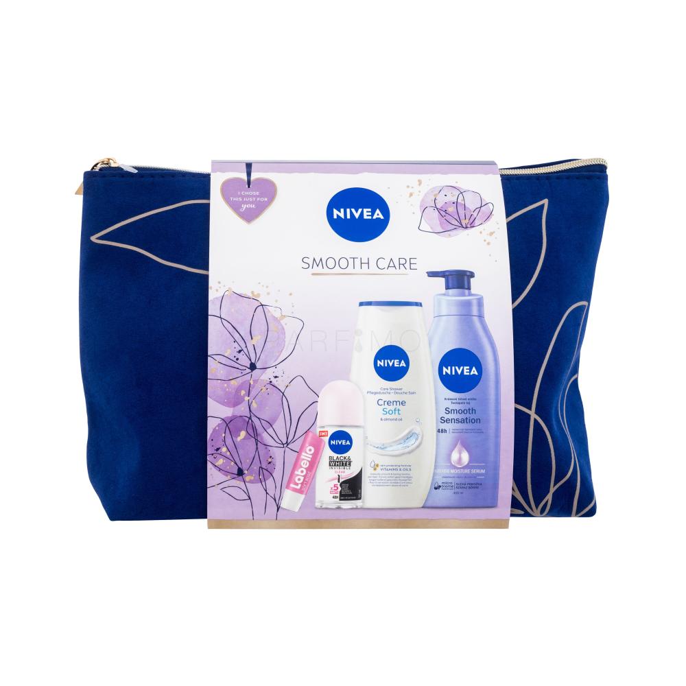 Nivea Smooth Care Geschenkset Körpermilch Smooth Sensation 400 ml + Duschgel Creme Soft 250 ml + Antiperspirant Black & White Invisible Clear 50 ml + Lippenbalsam Labello Soft Rosé 4,8 g + Kosmetiketui