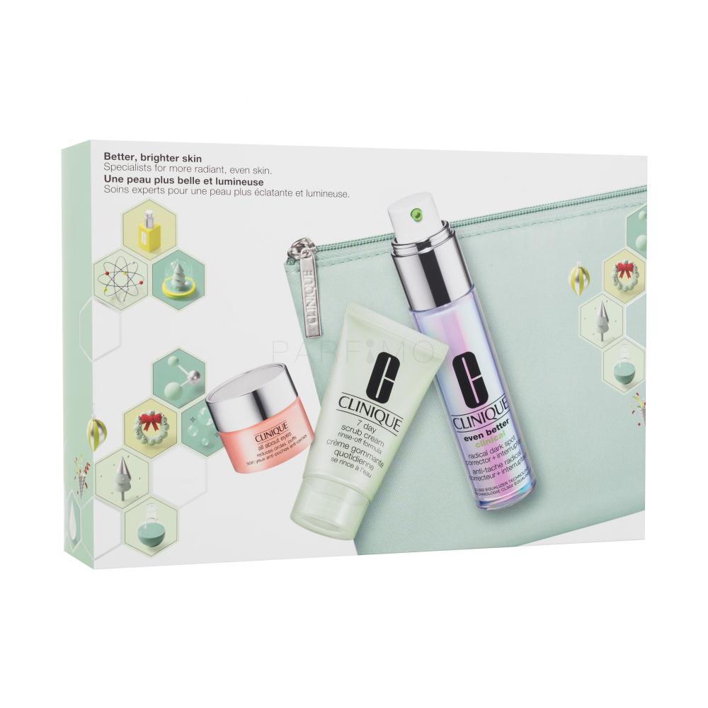Clinique Better, Brighter Skin Geschenkset Gesichtsserum Even Better Clinical Radical Dark Spot Corrector 30 ml + Gesichtspeeling 7 Day Scrub Cream Rinse-Off Formula 30 ml + Augencreme All About Eyes Reduces Circles 5 ml + Kosmetiketui