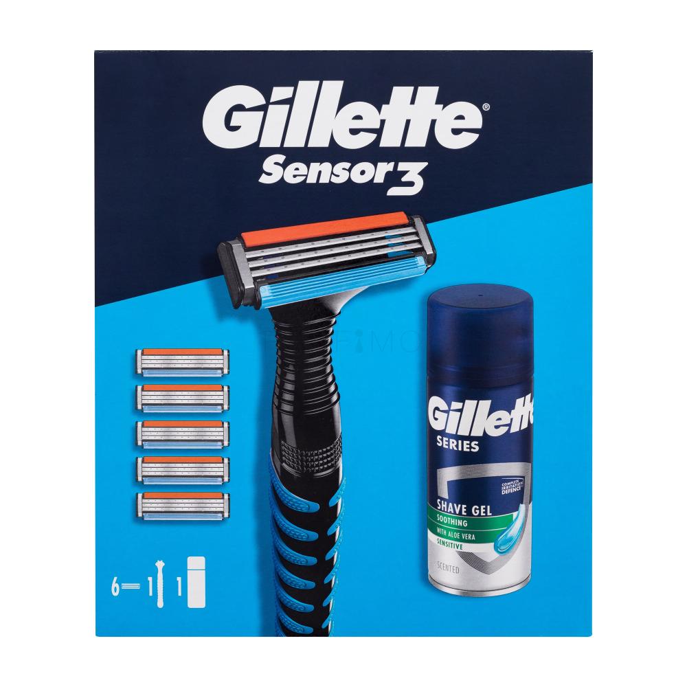Gillette Sensor3 Sensitive Geschenkset Sensor3 Rasierer 1 St. + Sensor3 Ersatzköpfe 5 St. + Series Shave Gel Soothing Aloe Vera 75 ml