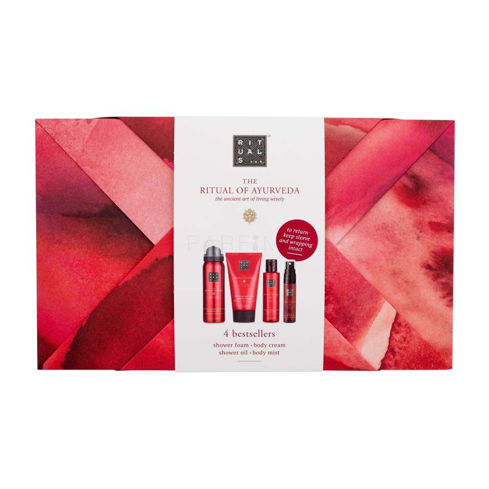 Rituals The Ritual Of Ayurveda 4 Bestsellers Geschenkset Körpercreme The Ritual Of Ayurveda Balancing Body Cream 70 ml + Duschschaum The Ritual Of Ayurveda Harmonizing Foaming Shower Gel 50 ml + Körperwasser The Ritual Of Ayurveda Blissful Hair & Body Mist 20 ml + Duschöl The Ritual Of Ayurveda Nurt
