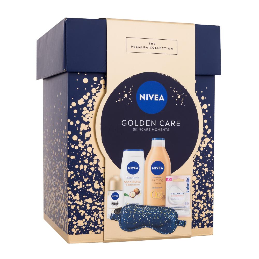 Nivea Golden Care Skincare Moments Geschenkset Körpermilch Q10 Firming Bronze 400 ml + Duschgel Shea Butter & Botanical Oil 250 ml + Antiperspirant Black & White Invisible Silky Smooth 50 ml + Lippenbalsam Labello Hyaluron Rosé 5,2 g + Satin-Schlafmaske