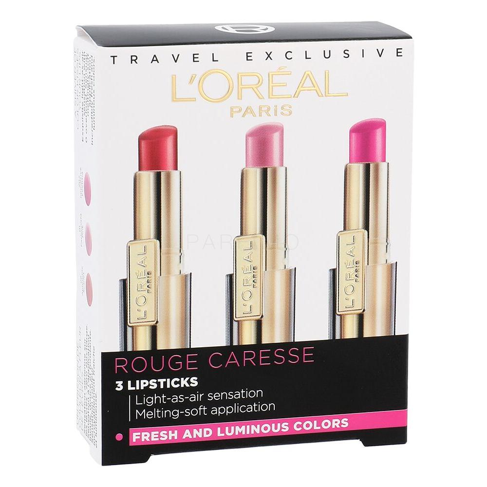 L'Oréal Paris Shine Caresse Geschenkset Lipstick 4 g + Lipstick 4 g 01 Fashionista Pink + rtěnka 4 g 202 Impulsive Fuchsia
