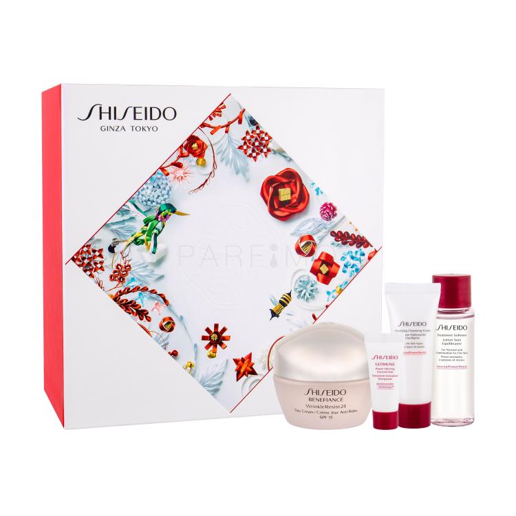 Shiseido Benefiance Wrinkle Resist 24 Day Cream SPF15 Geschenkset Tagesgesichtspflege LSF15 50 ml + Gesichtsserum ULTIMUNE 5 ml + Reinigungsschaum Clarifying Cleansing Foam 15 ml + Gesichtswasser Treatment Softener 30 ml