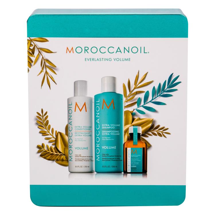 Moroccanoil Volume Geschenkset Shampoo 250 ml + Conditioner 250 ml + Haaröl Light 25 ml + Blechdose