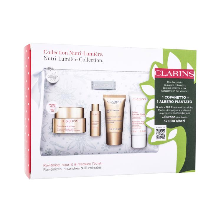 Clarins Nutri-Lumière Geschenkset Tagescreme Nutri-Lumiére Day Cream 50 ml + Nachtcreme Nutri-Lumiére Night Cream 15 ml + Gesichtsserum Nutri-Lumiére Treatment Essence 10 ml + Handcreme Hand and Nail Treatment Cream 30 ml + Kosmetiktasche