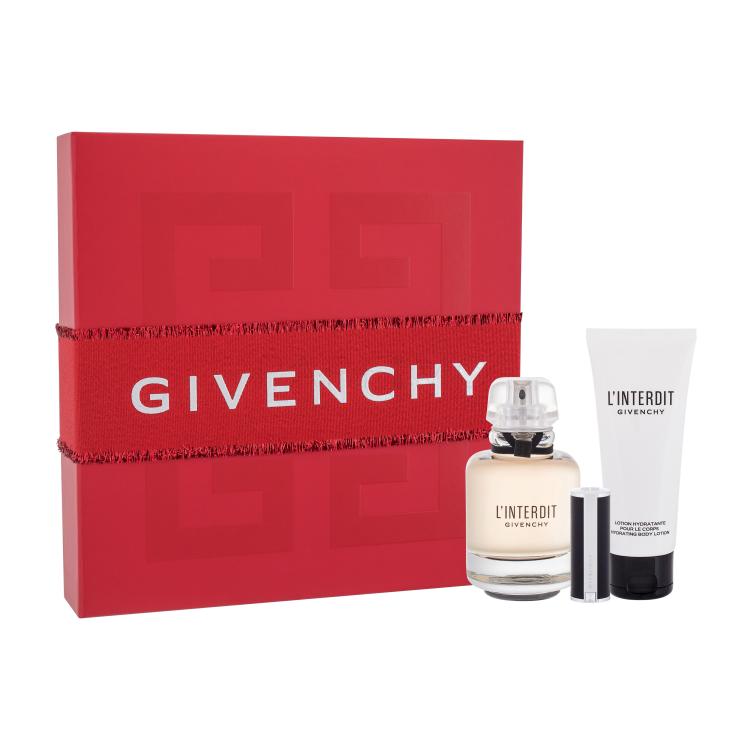 Givenchy L&#039;Interdit Geschenkset Edp 80 ml + Körpermilch 75 ml + Lippenstift Le Rouge 1,5 g 333 L´Interdit