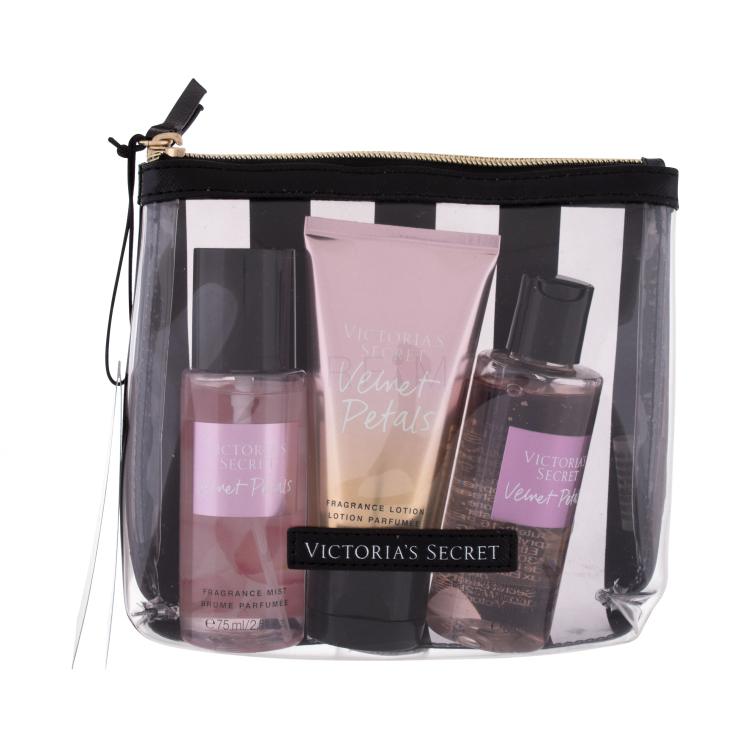 Victoria´s Secret Velvet Petals Geschenkset nährendes Körperspray 75 ml + Körpermilch 75 ml + Duschgel 89 ml + Kosmetiktasche