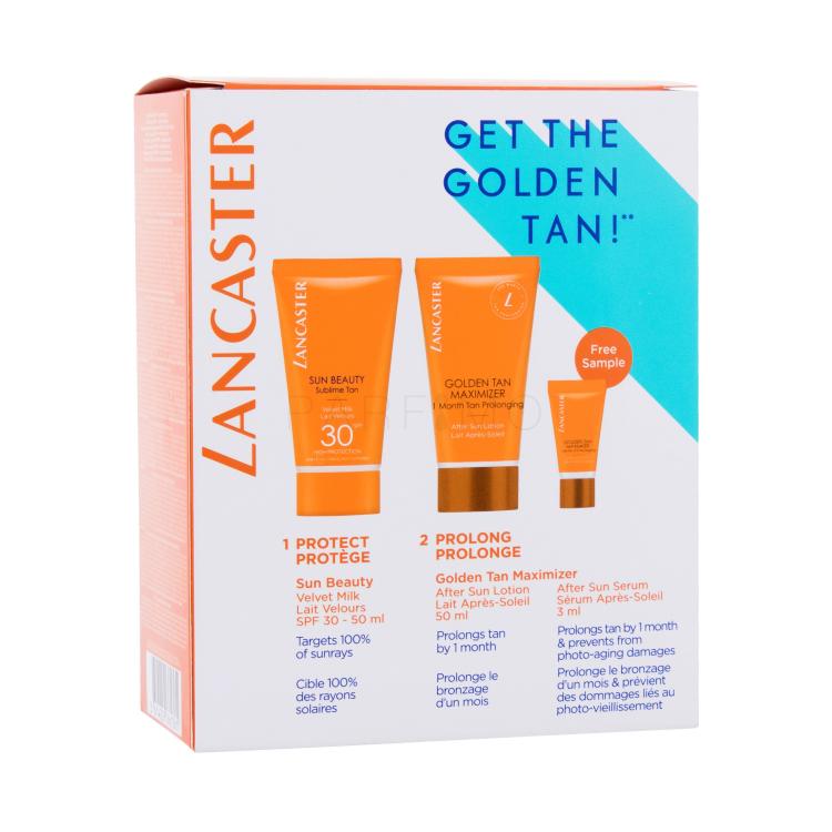 Lancaster Sun That Summer Feeling Geschenkset Set Sonnenmilch Sun Beauty Sublime Tan Velvet Milk SPF30 50 ml + Körpermilch zur Verlängerung der Bräune Golden Tan Maximizer After Sun Lotion 50 ml + Gesichtsserum zur Verlängerung der Bräune Golden Tan Maximizer After Sun Serum 3 ml