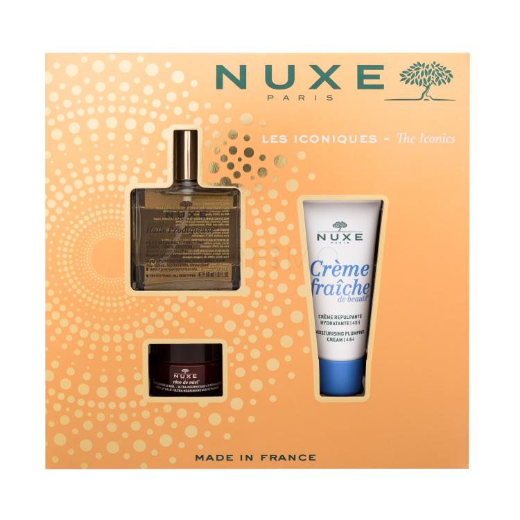 NUXE Huile Prodigieuse The Iconics Geschenkset Trockenöl Huile Prodigieuse 50 ml + Tagescreme Créme Fraiche Moisturising Plumping Cream 30 ml + Lippenbalsam Reve De Miel Honey Lip Balm 15 g