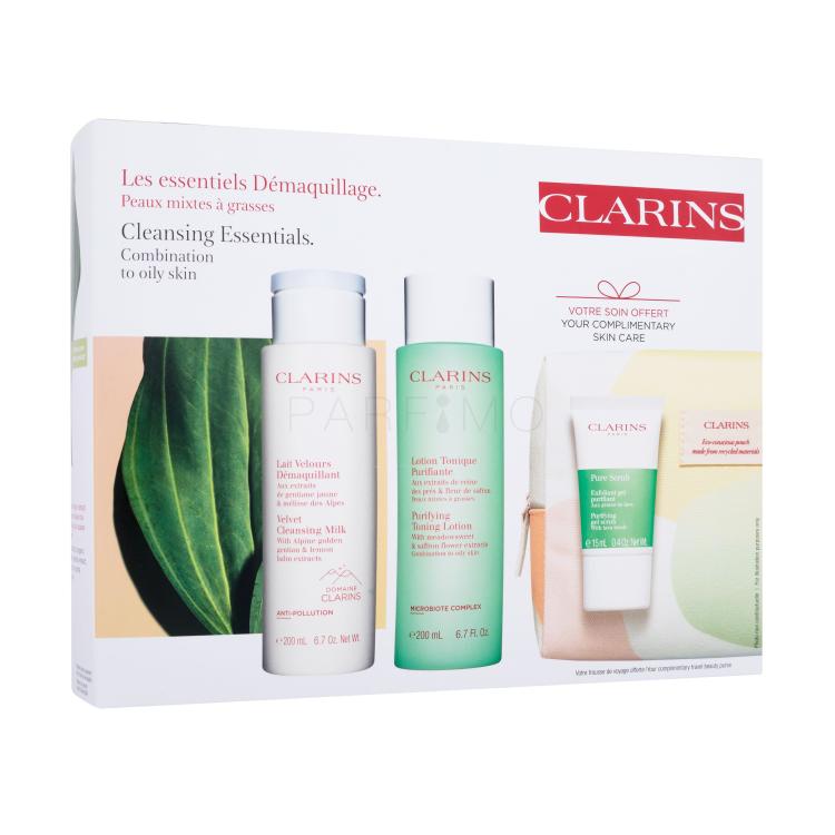 Clarins Cleansing Essentials Geschenkset Reinigungsmilch Velvet Cleansing Milk 200 ml + Gesichtstonikum Purifying Toning Lotion 200 ml + Peeling Purifying Gel Scrub 15 ml + Kosmetiketui