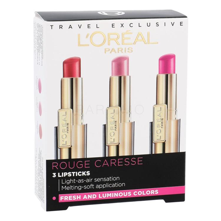L&#039;Oréal Paris Shine Caresse Geschenkset Lipstick 4 g + Lipstick 4 g 01 Fashionista Pink + rtěnka 4 g 202 Impulsive Fuchsia