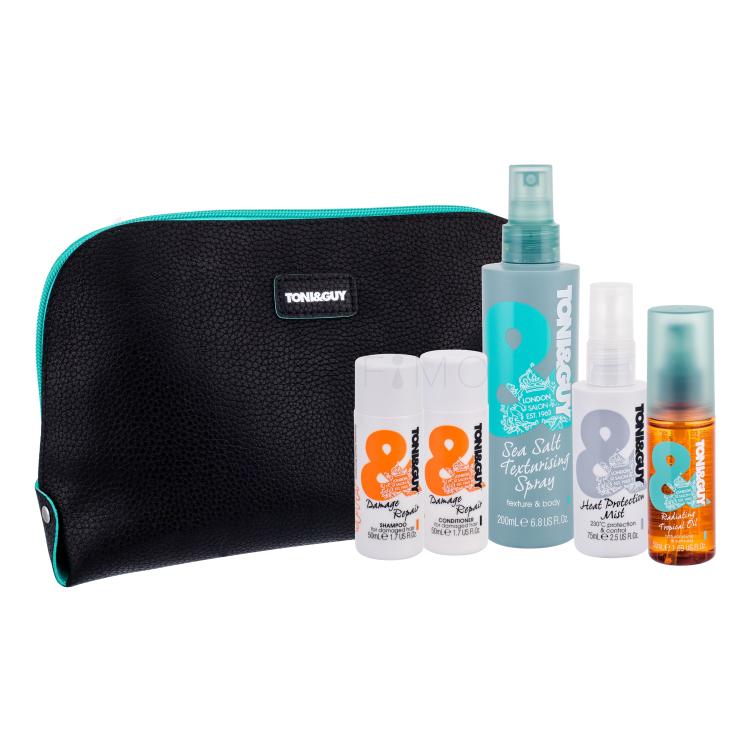 TONI&amp;GUY Casual Sea Salt Texturising Spray Geschenkset tužidlo na vlasy 200 ml + olej na vlasy 50 ml + šampón 50 ml + kondicionér 50 ml + prípravok pre ochranu vlasov pred teplom 75 ml + kozmetická taška